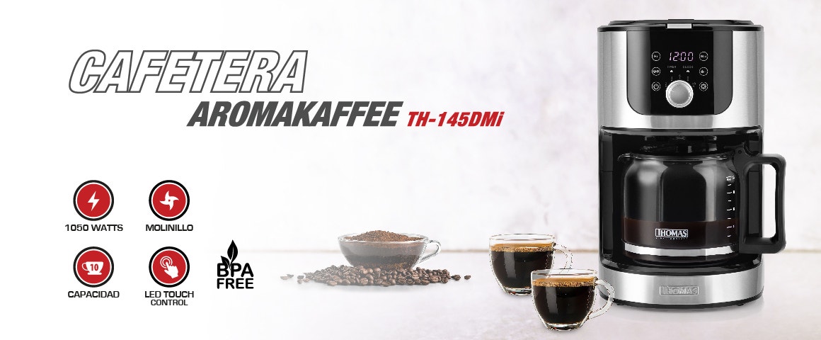 CAFETERA AROMAKAFFEE Th-145 DMI. 1050 WATTS. Molinillo. CAPACIDAD 10 tazas. LED TOUCH CONTROL. BPA FREE