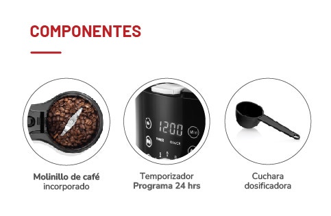 COMPONENTES. Molinillo de café incorporado. Temporizador Programa 24 hrs. Cuchara dosificadora