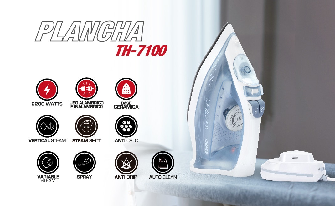 PLANGRIA TH-7100.2200 WATTS. USO ALÁMBRICO E INALÁMBRICO. BASE CERAMICA. VARIABLE STEAM. SPRAY. VERTICAL STEAM. STEAM SHOT. ANTI CALC. ANTI DRIP. AUTO CLEAN