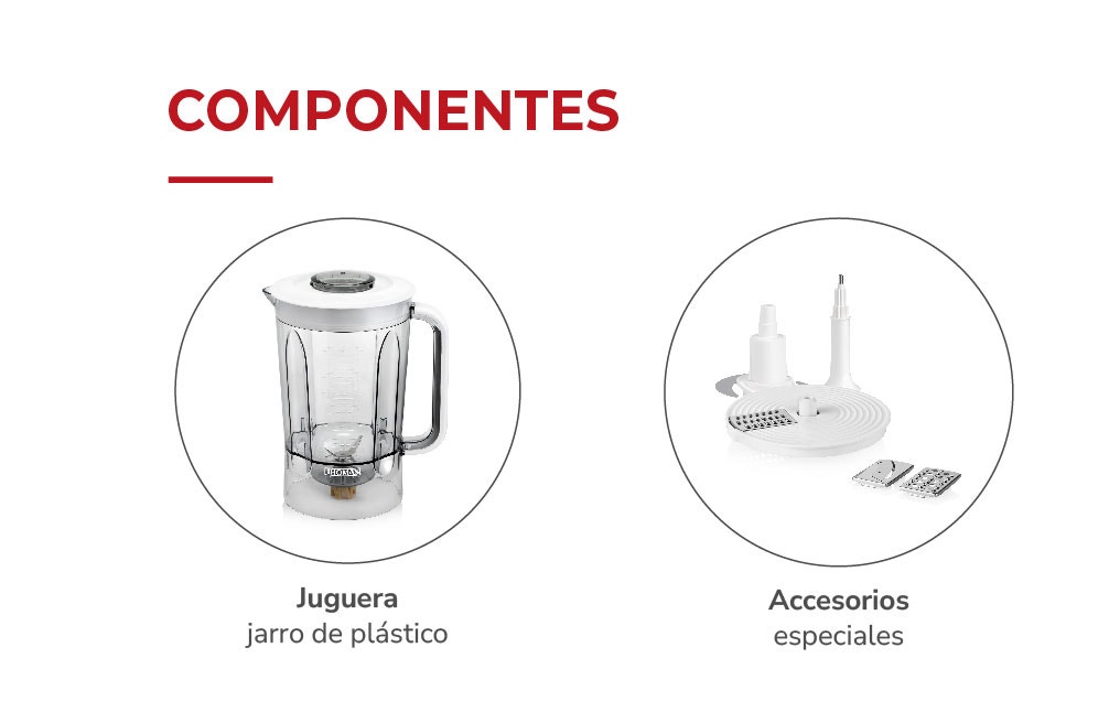 COMPONENTES Juguera jarro de plástico Accesorios especiales