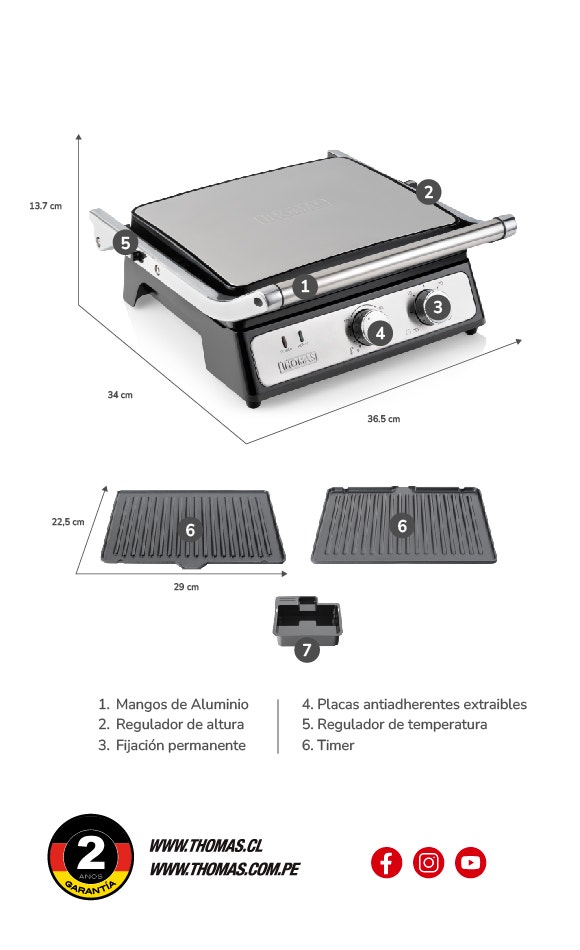 1. Freidora 2. Salida de aire 3. Pantalla digital 4. Cuerpo 5. Bandeja con capacidad de 3 lts 6. Rejilla antiadherente 7. Patas antideslizantes