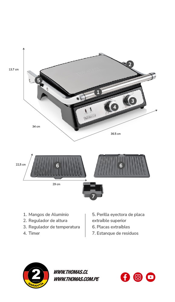 1. Freidora 2. Salida de aire 3. Pantalla digital 4. Cuerpo 5. Bandeja con capacidad de 3 lts 6. Rejilla antiadherente 7. Patas antideslizantes