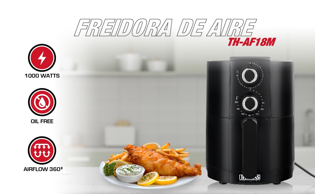 FREIDORA DE AVRE TH-AF18M. AIRFLOW 360. OIL FREE. BANDEJA DESMONTABLE. 1000 WATTS. MANGO FRÍO AL TACTO. CAPACIDAD 1.8LT