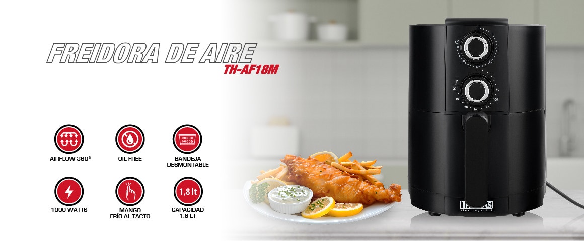 FREIDORA DE AVRE TH-AF18M. AIRFLOW 360. OIL FREE. BANDEJA DESMONTABLE. 1000 WATTS. MANGO FRÍO AL TACTO. CAPACIDAD 1.8LT