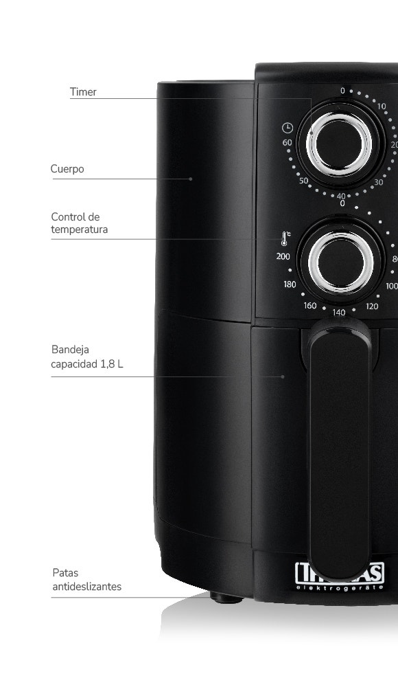 Timer. Cuerpo Control de temperatura. Bandeja capacidad 1.8 L. Patas antideslizantes