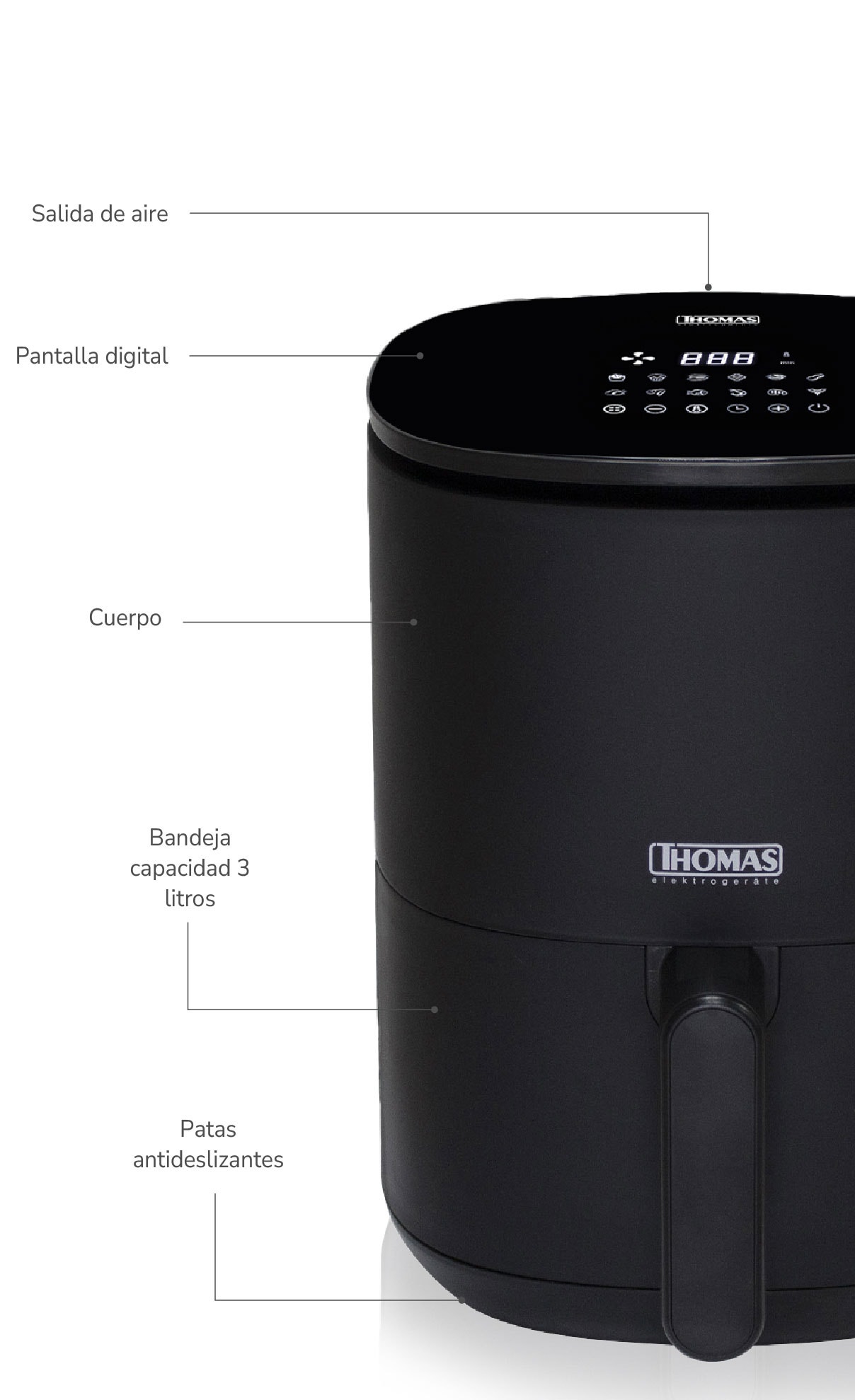Timer. Cuerpo Control de temperatura. Bandeja capacidad 1.8 L. Patas antideslizantes