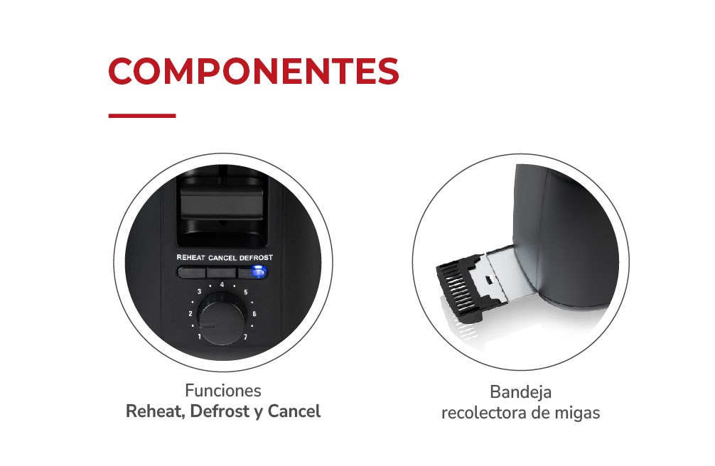 Funciones Reheat, Defrost y Cancel Bandeja recolectora de migas