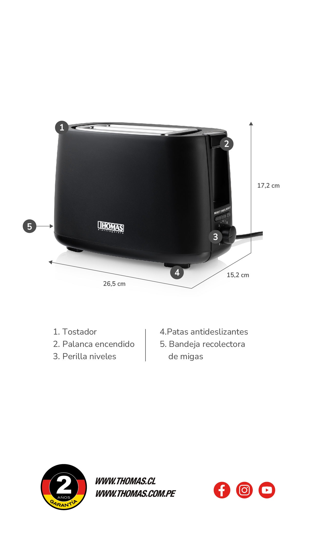1. Tostador 2. Palanca encendido 3. Perilla niveles 4.Patas antideslizantes 5. Bandeja recolectora de migas