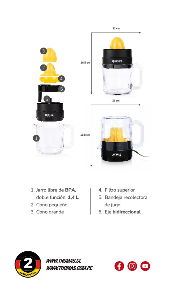 1. Jarro libre de BPA, doble función, 1,4 L 2. Cono pequeño 3. Cono grande 4. Filtro superior 5. Bandeia recolectora de jugo 6. Eje bidireccional
