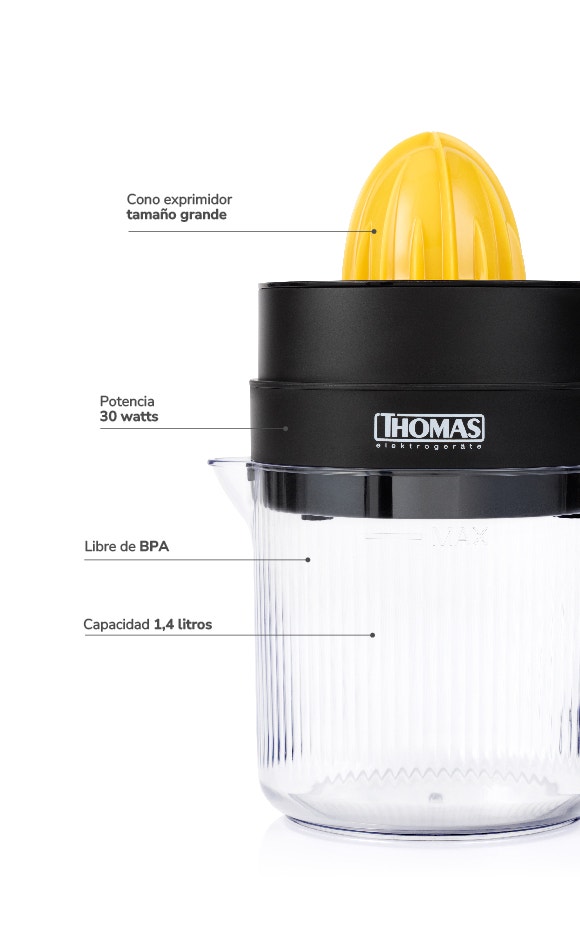 1. Cono exprimidor tamaño grande 2. Potencia 30 watts 3. Libre de BPA 4. Capacidad 1,4 litros