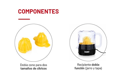 COMPONENTES: Doble cono para dos tamaños de cítricos. Recipiente doble función (jarro y tapa)
