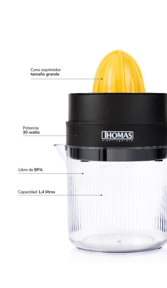 1. Cono exprimidor tamaño grande 2. Potencia 30 watts 3. Libre de BPA 4. Capacidad 1,4 litros