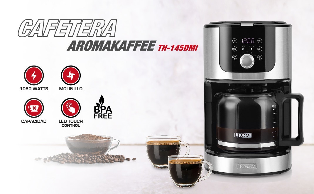 CAFETERA AROMAKAFFEE Th-145 DMI. 1050 WATTS. Molinillo. CAPACIDAD 10 tazas. LED TOUCH CONTROL. BPA FREE