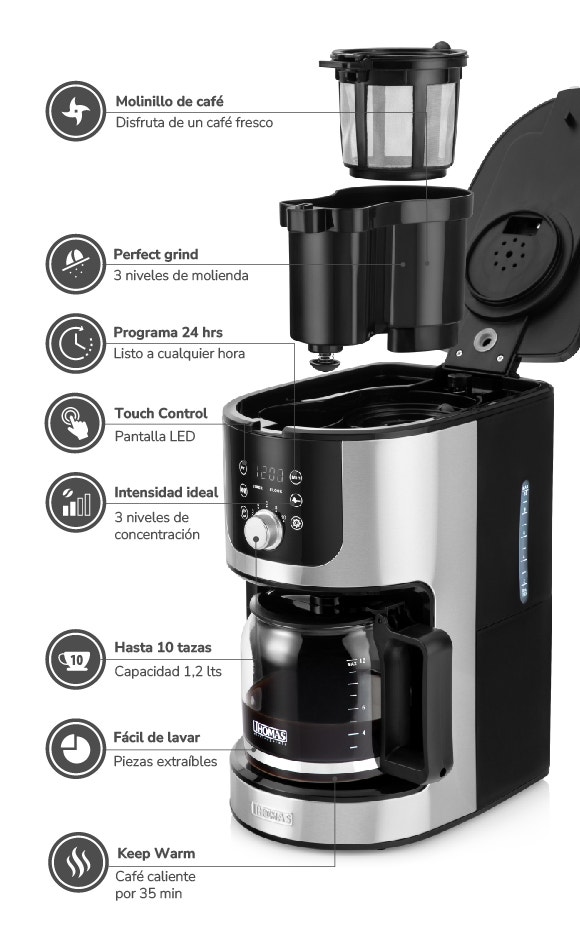 Molinillo de café Disfruta de un café fresco Perfect grind 3 niveles de molienda Programa 24 hrs Listo a cualquier hora Touch Control Pantalla LED Intensidad ideal 3 niveles de concentración Hasta 10 tazas Capacidad 1,2 Its Fácil de lavar Piezas ext