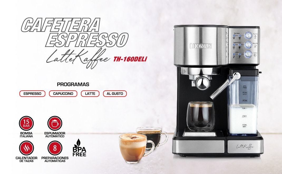 CAFETERA ESPRESSO. Latte Kaffee. Th-16081. CALENTADOR DE TAZAS. PREPARACIONES AUTOMÁTICAS. ESPUMADOR AUTOMÁTICO. 15 BAR BOMBA ITALIANA