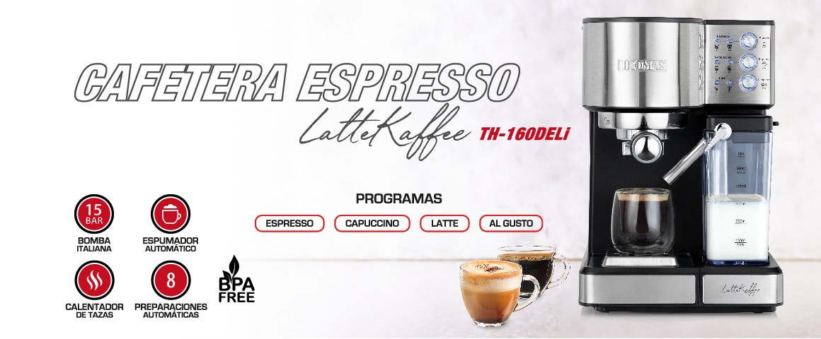 CAFETERA ESPRESSO. Latte Kaffee. Th-16081. CALENTADOR DE TAZAS. PREPARACIONES AUTOMÁTICAS. ESPUMADOR AUTOMÁTICO. 15 BAR BOMBA ITALIANA
