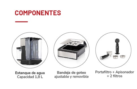 COMPONENTES. Estanque de agua Capacidad 1,8 L. Bandeja de goteo ajustable y removible. Portafiltro + Apisonador + 2 filtros