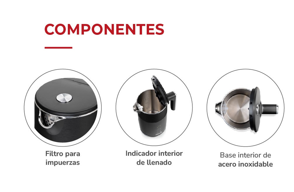 COMPONENTES Filtro para impurezas. Indicador interior de llenado. Base interior de acero inoxidable