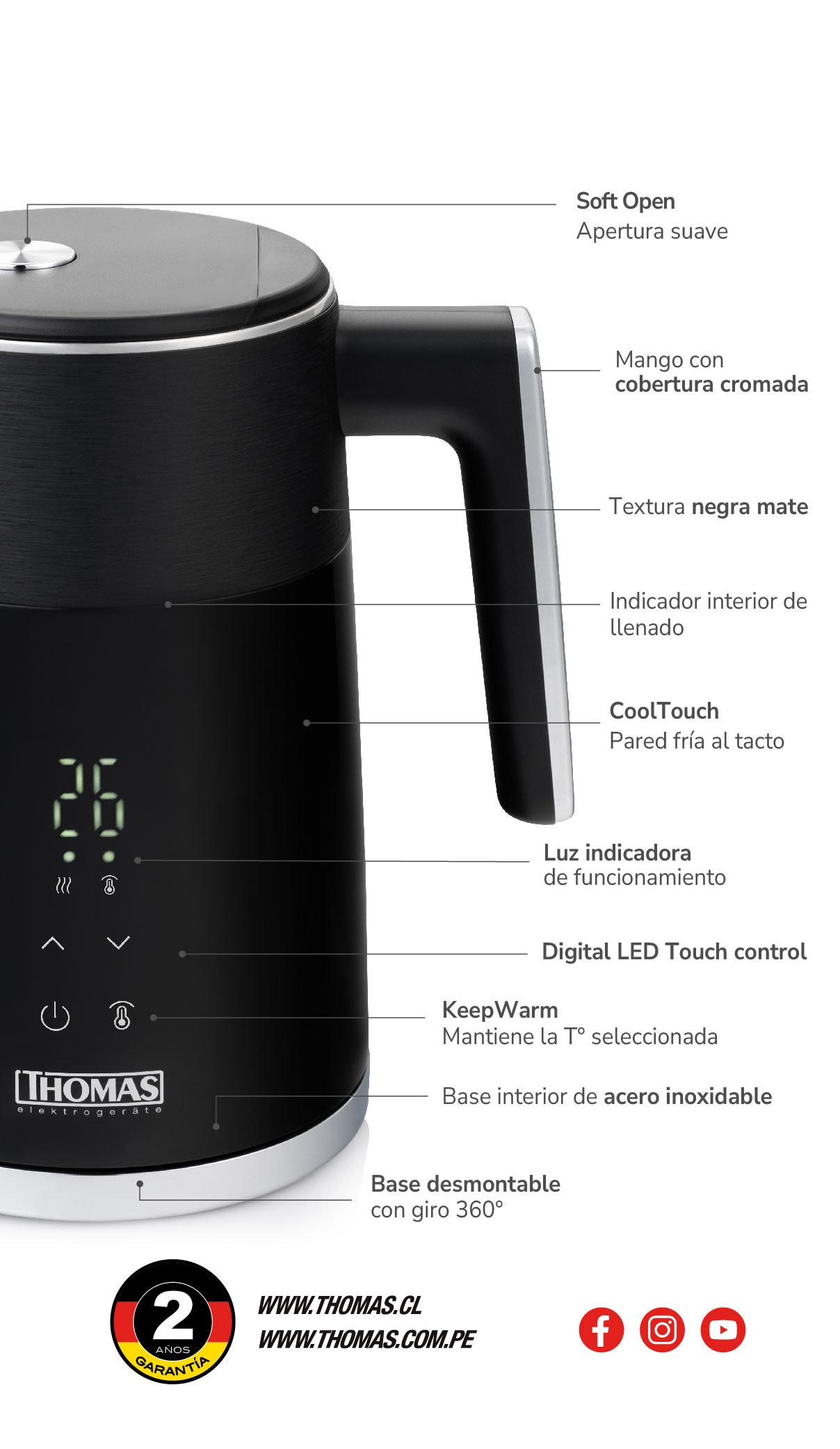 1. Soft Open. Apertura suave 2. Mango con cobertura cromada 3. Textura negra mate 4. Indicador interior de llenado 5. CoolTouch. Pared fría al tacto 6. Luz indicadora de funcionamiento 7. Digital LED Touch control 8. KeepWarm. Mantiene la T° seleccionada