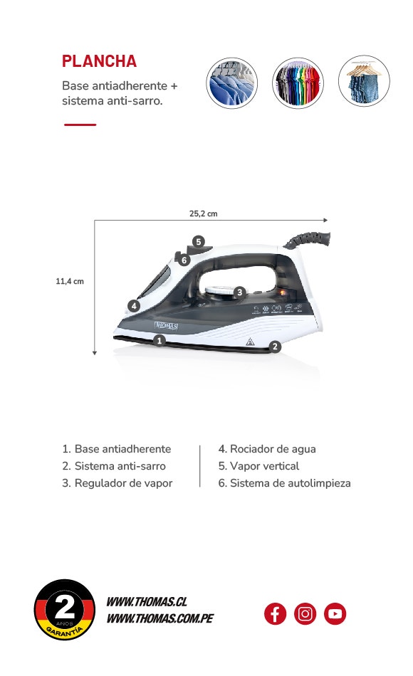 Ancho: 25,2 cm. Alto: 11,4 cm. 1. Base antiadherente. 2. Sistema anti-sarro. 3. Regulador de vapor. 4. Rociador de agua. 5. Vapor vertical. 6. Sistema de autolimpieza