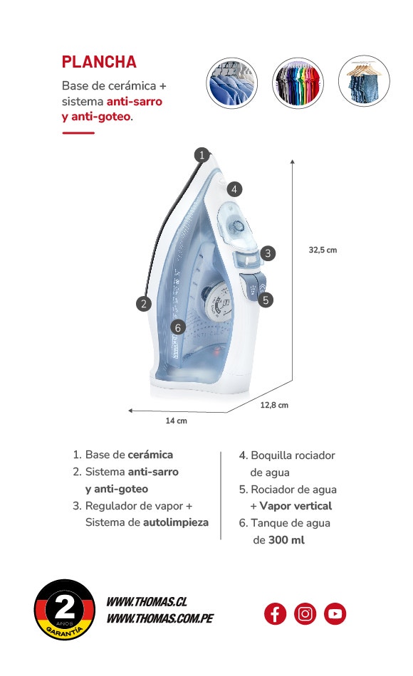 1. Base de cerámica 2. Sistema anti-sarro y anti-goteo 3. Regulador de vapor + Sistema de autolimpieza. 4. Boquilla rociador de agua 5. Rociador de agua + Vapor vertical 6. Tanque de agua de 300 ml