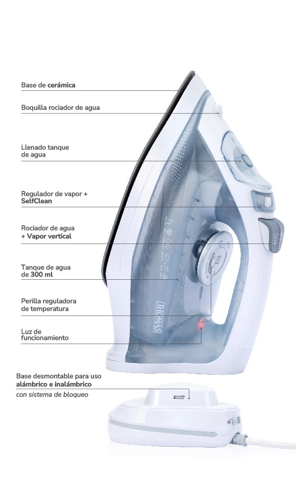 1. Base de cerámica 2. Boquilla rociador de agua 3. Llenado tanque de agua 4. Regulador de vapor + SelfClean 5. Rociador de agua + Golpe de vapor 6. Tanque de agua de 300 ml 7. Perilla reguladora de temperatura 8. Luz de funcionamiento 9. Base desmontable