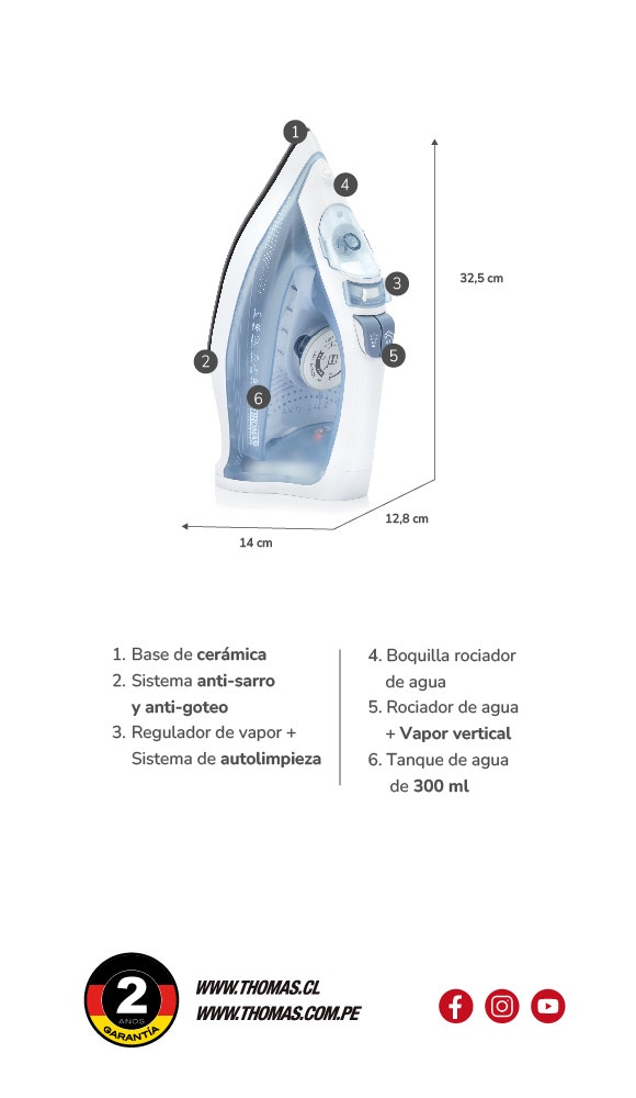1. Base de cerámica 2. Sistema anti-sarro y anti-goteo 3. Regulador de vapor + Sistema de autolimpieza. 4. Boquilla rociador de agua 5. Rociador de agua + Vapor vertical 6. Tanque de agua de 300 ml