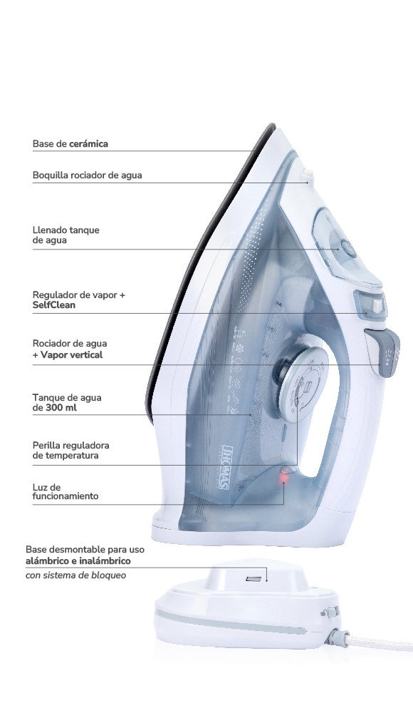 1. Base de cerámica 2. Boquilla rociador de agua 3. Llenado tanque de agua 4. Regulador de vapor + SelfClean 5. Rociador de agua + Golpe de vapor 6. Tanque de agua de 300 ml 7. Perilla reguladora de temperatura 8. Luz de funcionamiento 9. Base desmontable