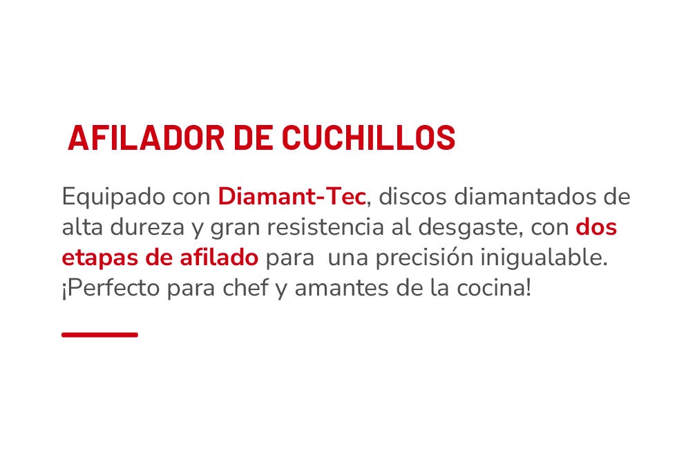 AFILADOR DE CUCHILLOS Equipado con Diamant-Tec, discos diamantados de alta dureza y gran resistencia al desgaste, con dos etapas de afilado para una precisión inigualable. ¡Perfecto para chef y amantes de la cocina!