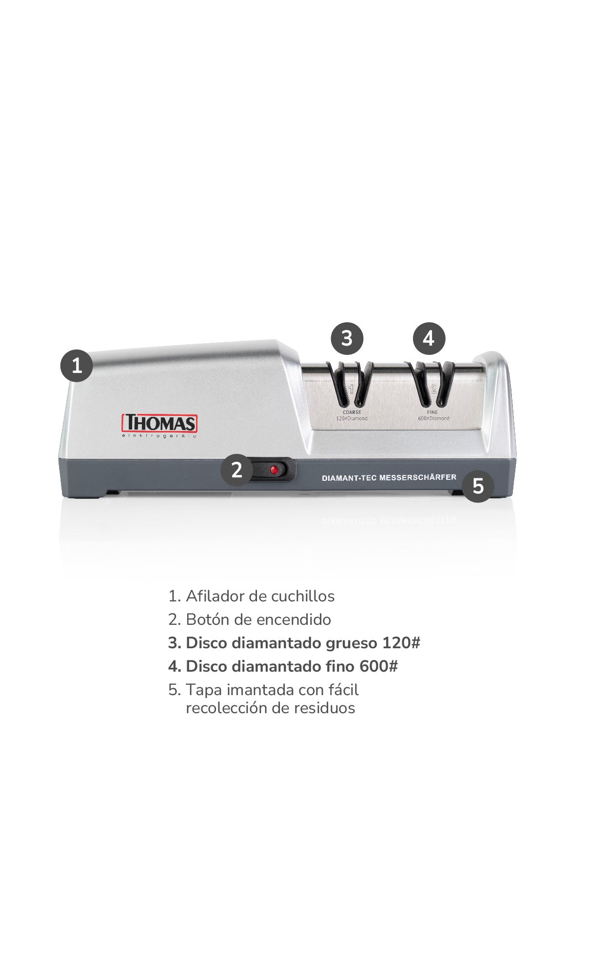 1. Afilador de cuchillos 2. Botón de encendido 3. Disco diamantado grueso 120# 4. Disco diamantado fino 600# 5. Tapa imantada con fácil recolección de residuos