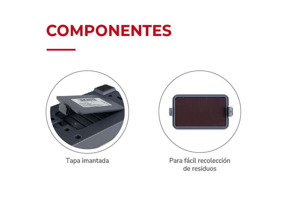 COMPONENTES Tapa imantada Para fácil recolección de residuos