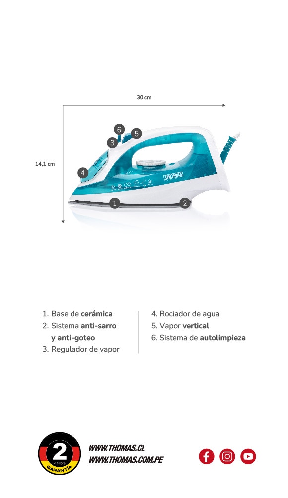 1. Base de cerámica 2. Sistema anti-sarro y anti-goteo 3. Regulador de vapor 4. Rociador de agua 5. Vapor vertical 6. Sistema de autolimpieza