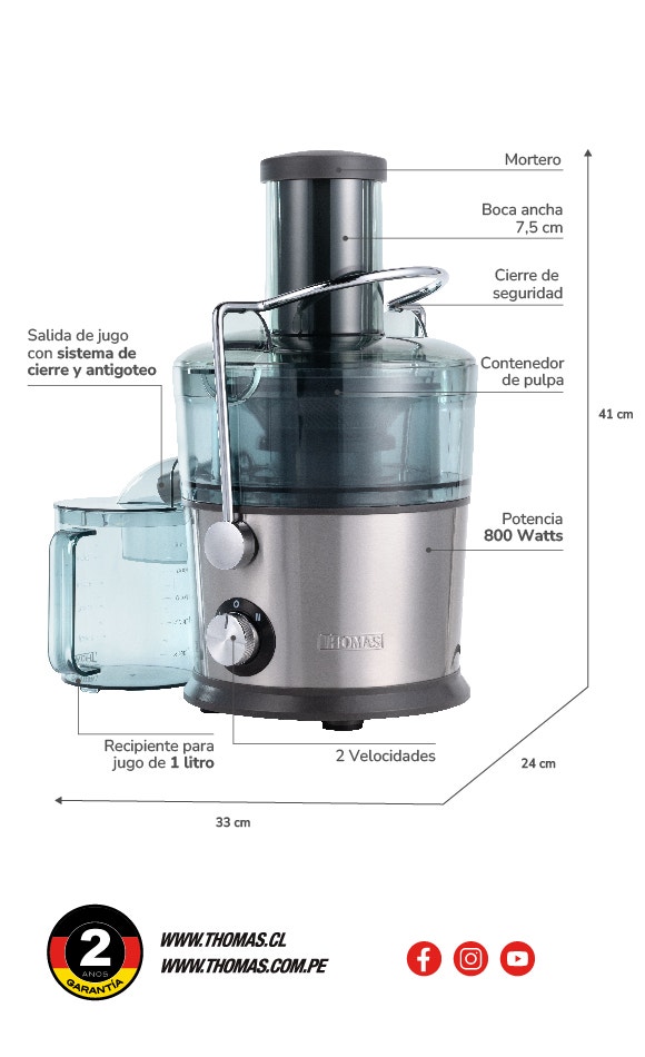 1. Mortero 2. Boca ancha 7,5 cm 3. Cierre de seguridad 4. Contenedor de pulpa 5. Potencia 800 Watts 6. 2 Velocidades 7. Salida de jugo con sistema de cierre y antigoteo 8. Recipiente para jugo de 1,1 litros