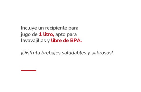 Incluye un recipiente para jugo de 1,1 litros, apto para lavavajillas y libre de BPA. ¡Disfruta brebajes saludables y sabrosos!