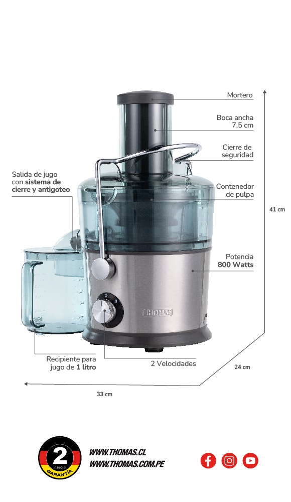 1. Mortero 2. Boca ancha 7,5 cm 3. Cierre de seguridad 4. Contenedor de pulpa 5. Potencia 800 Watts 6. 2 Velocidades 7. Salida de jugo con sistema de cierre y antigoteo 8. Recipiente para jugo de 1,1 litros