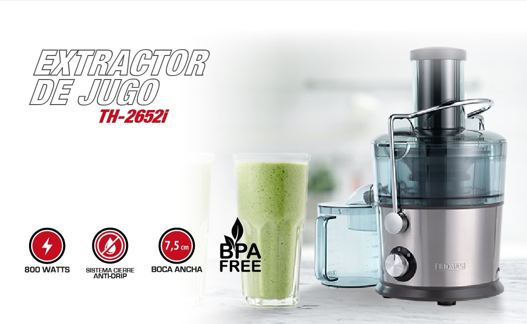 EXTRACTOR DE JUGO TH-26521. 800 WATTS. SISTEMa SIFOOF ANTI-DRIP. (7,5 cm BOCA ANCHA. BPA FREE