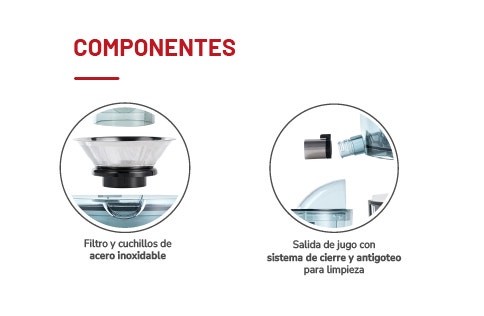 COMPONENTES: Filtro y cuchillos de acero inoxidable. Salida de jugo con sistema de cierre y antigoteo para limpieza.